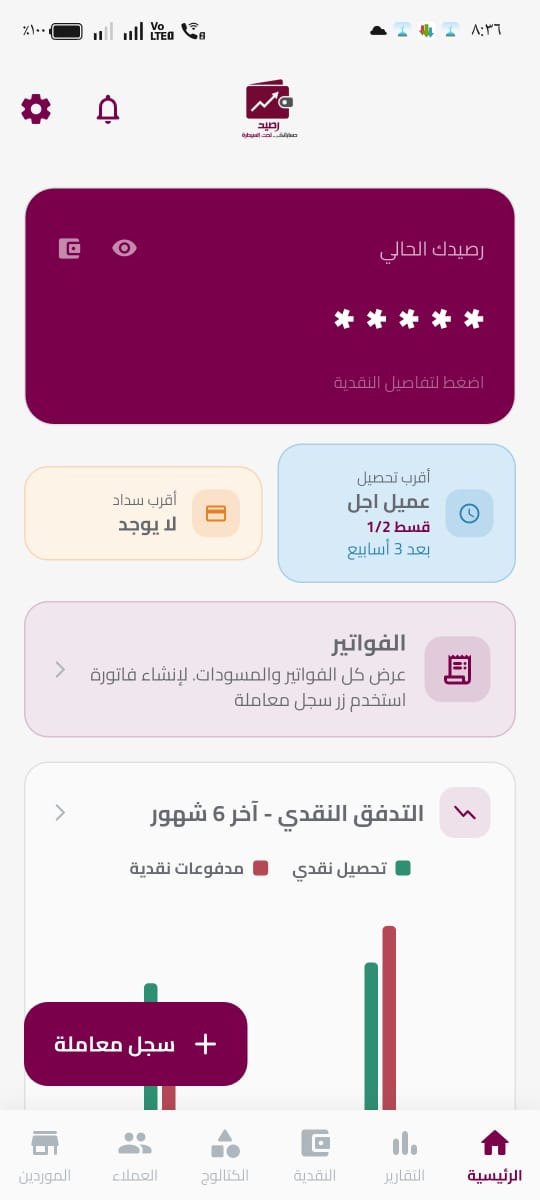 الشاشة الرئيسية لتطبيق رصيد: الرصيد الحالي وأقرب تحصيل وأقرب سداد ورسم التدفق النقدي